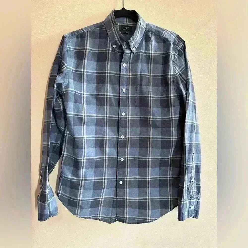 Mens Mens J Crew Slim Fit Blue Check Long Sleeve Shirt Heathered Cotton Small